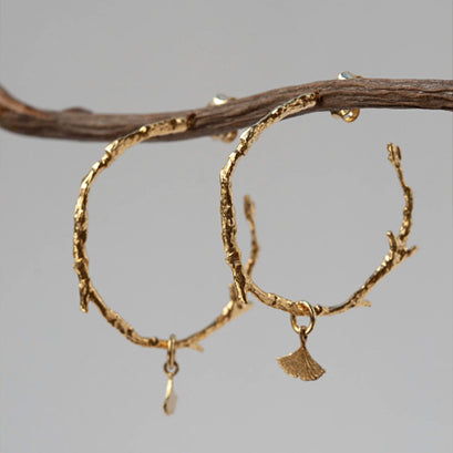 Earrings with Branch Shaped Hoops and Gingko Charm
