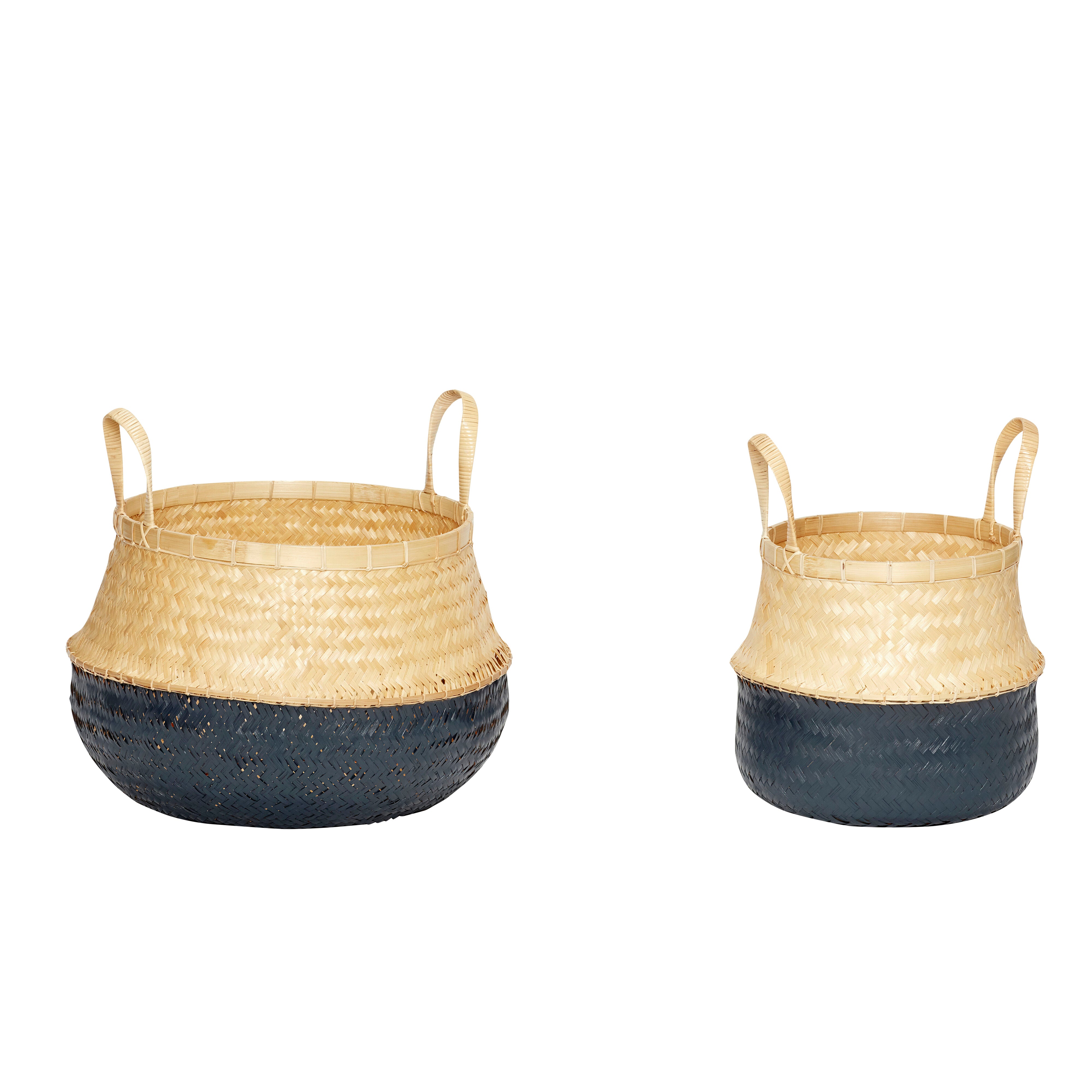 Set of 2 Black/Natural Rattan Belly Baskets