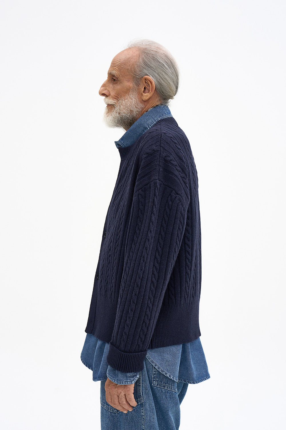 Crop Cable Wool Knit Round Cardigan Navy