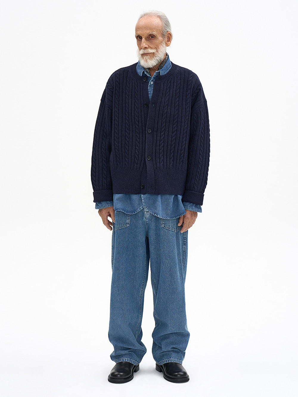 Crop Cable Wool Knit Round Cardigan Navy