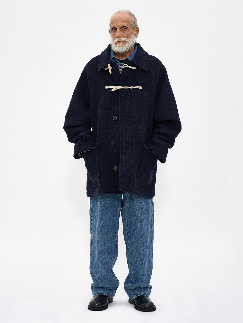 100% Curly Wool Toggle Half Coat Navy