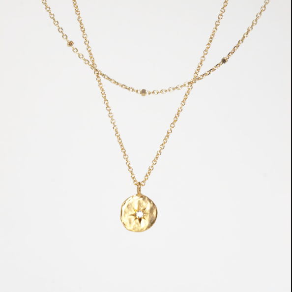 Double Layered Necklace with a Cubic Studded Round Charm