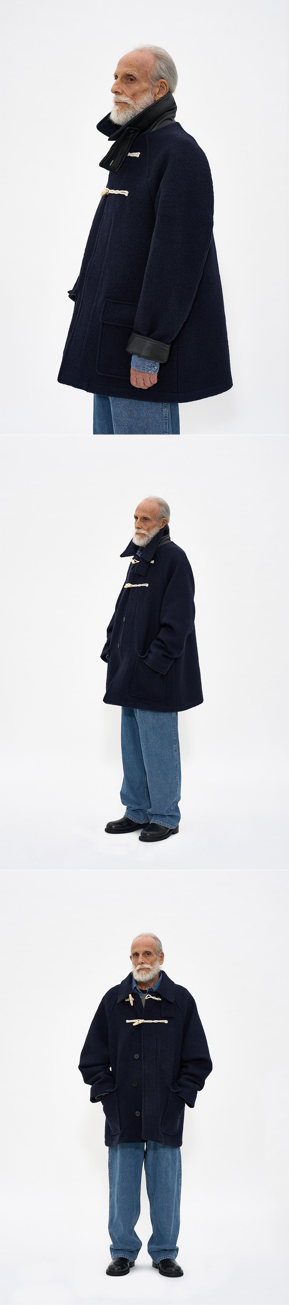 100% Curly Wool Toggle Half Coat Navy