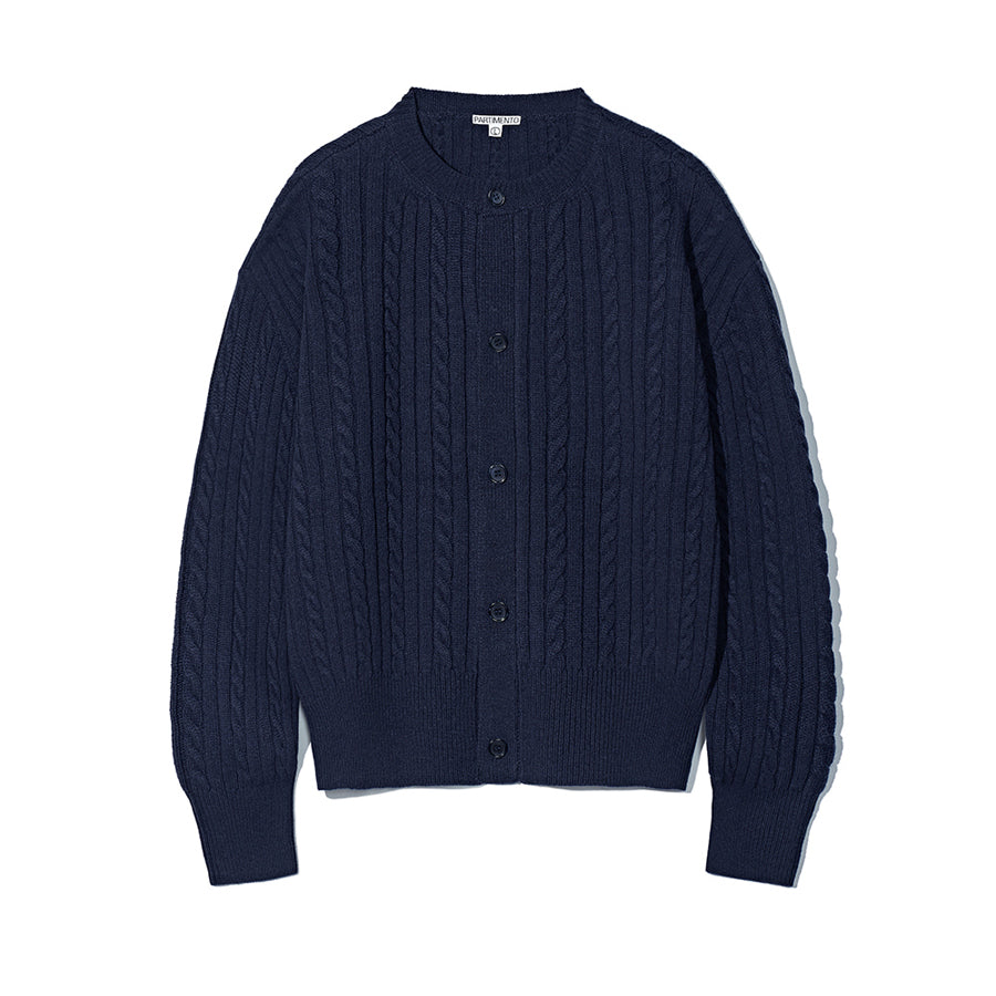 Crop Cable Wool Knit Round Cardigan Navy