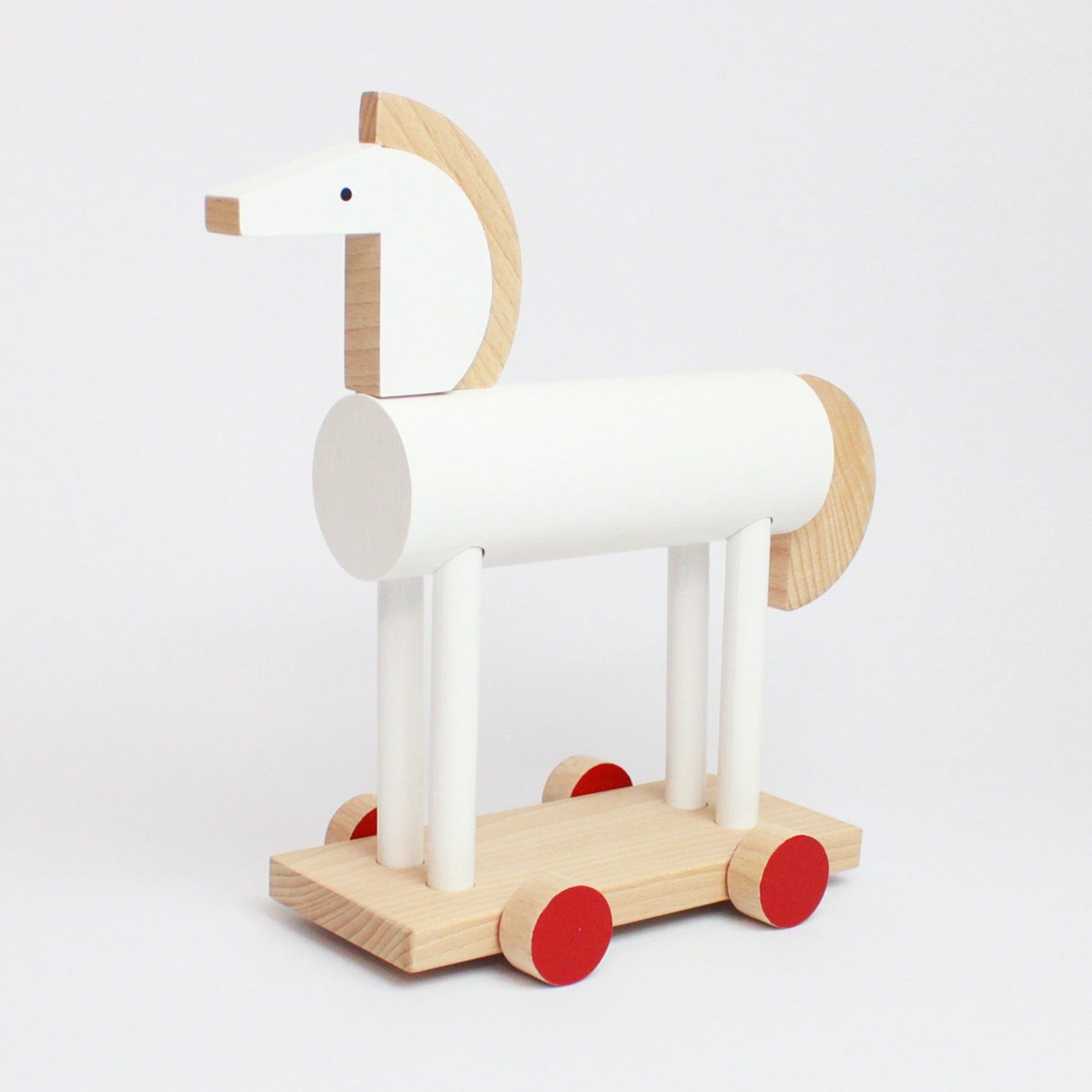 Mini Wooden Riding Horse Toy in White & Red Wheels