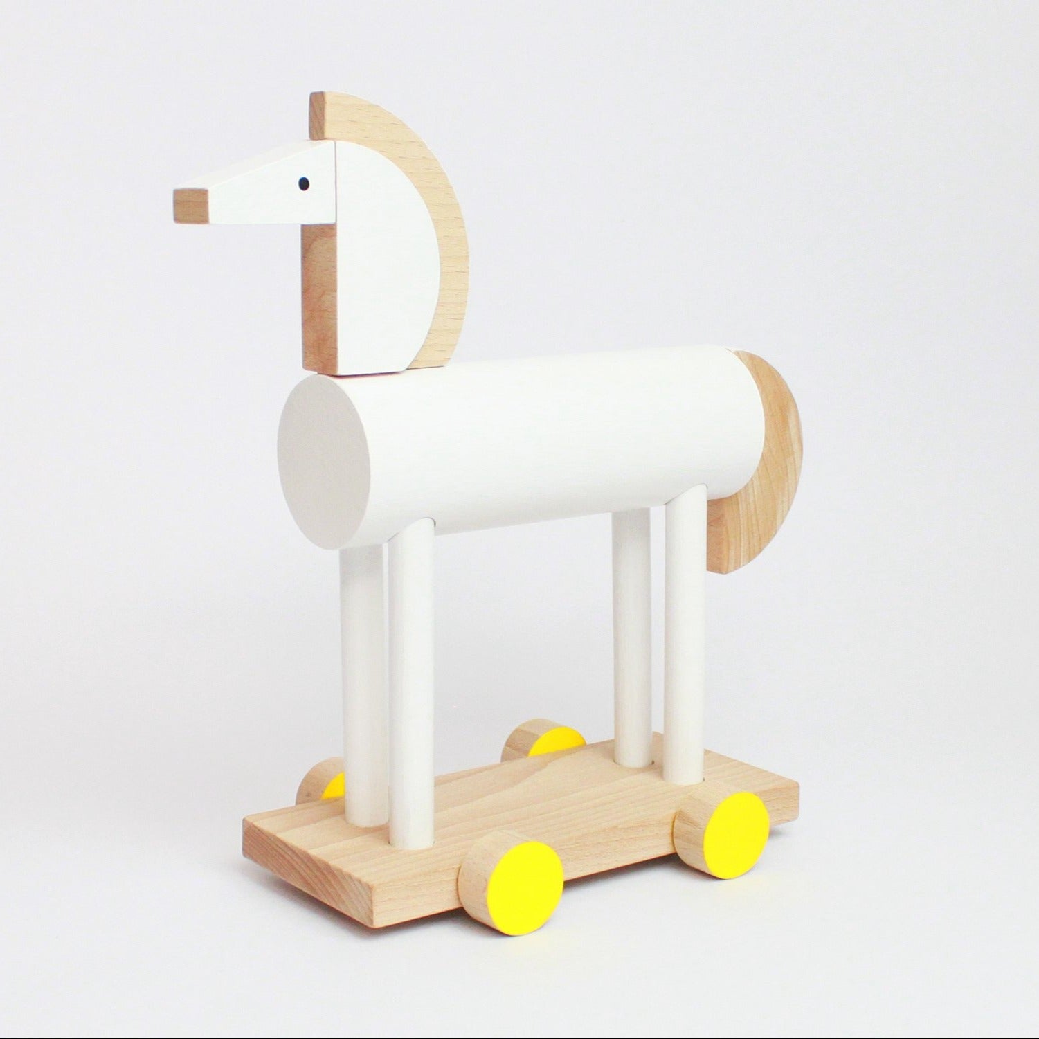 Mini Wooden Riding Horse Toy in White & Yellow Wheels