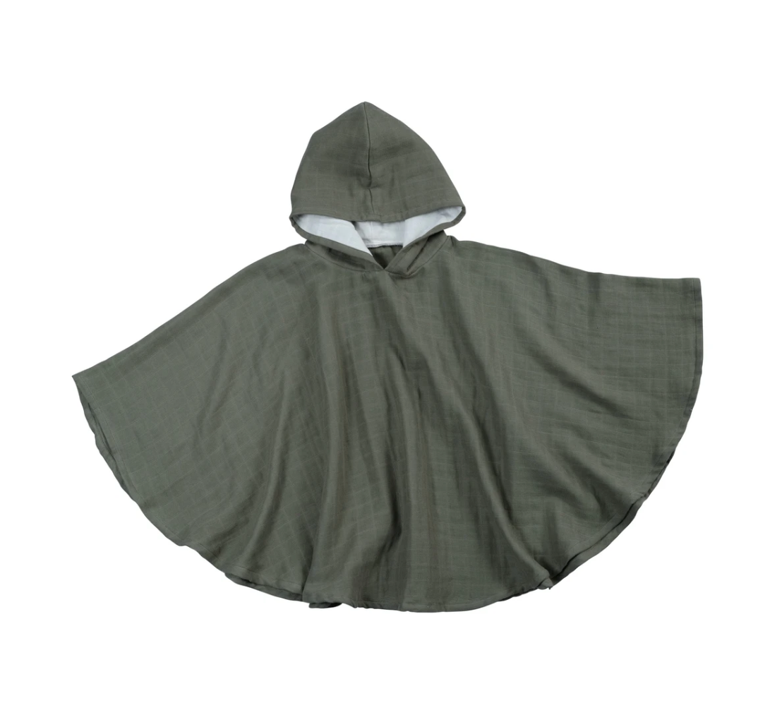 Organic Cotton Muslin Poncho in Olive