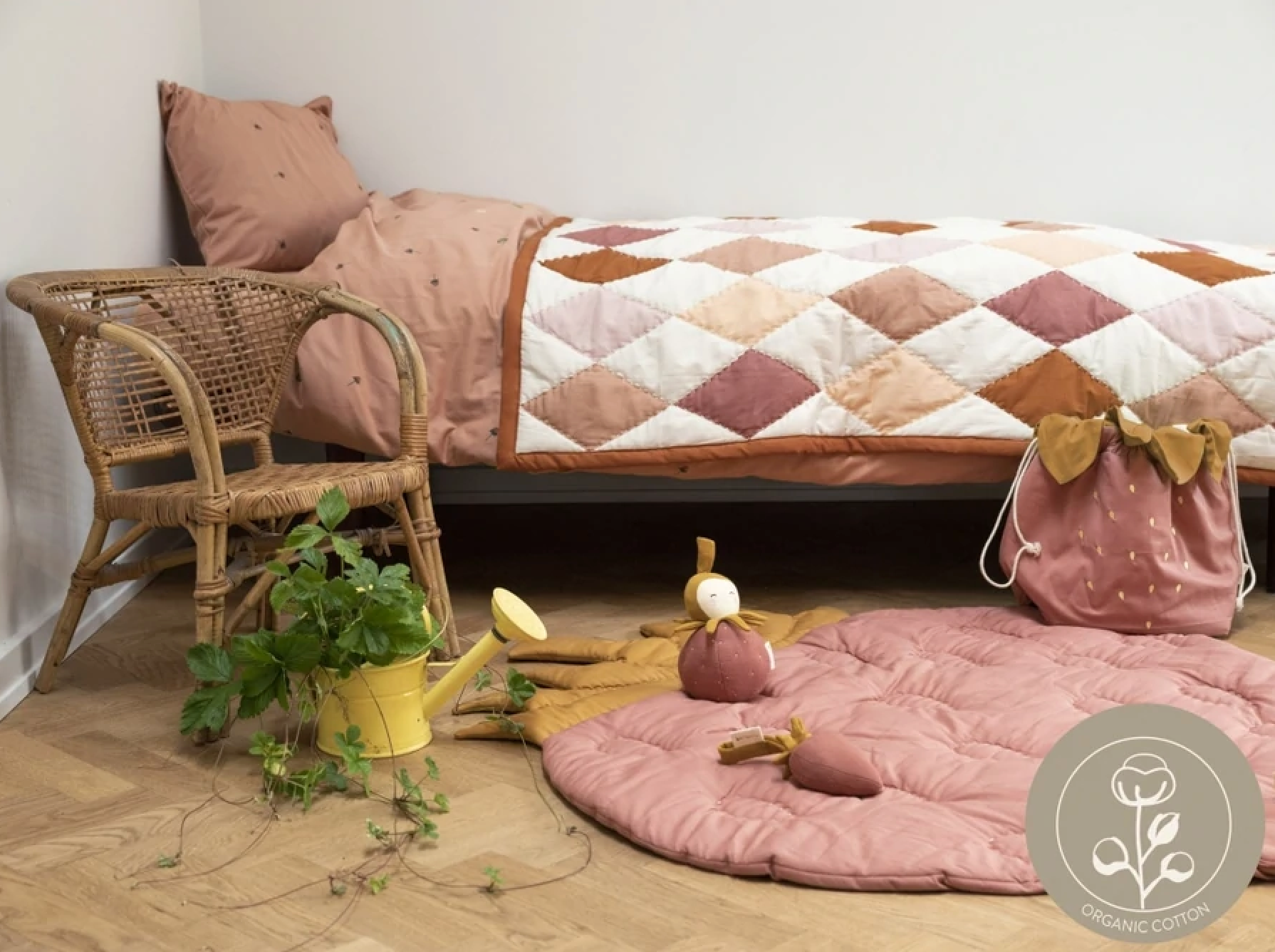 Organic Cotton Strawberry Quilted Blanket/Floor Rug
