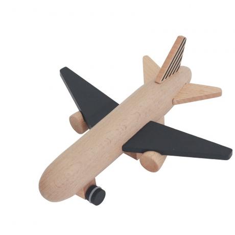 Wooden Wind Up Jet Airplane with Black Wings