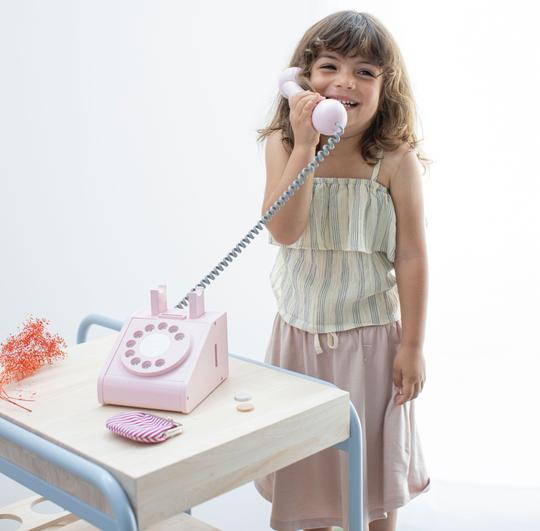 Wooden Retro Rotary Dial Telephone in Pink